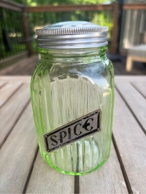 Vintage Green Glass Spice Jar with aluminum Lid